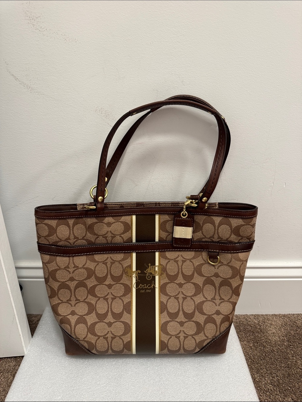 Coach heritage stripe tattersal lining shoulder bag purse with hangtag
